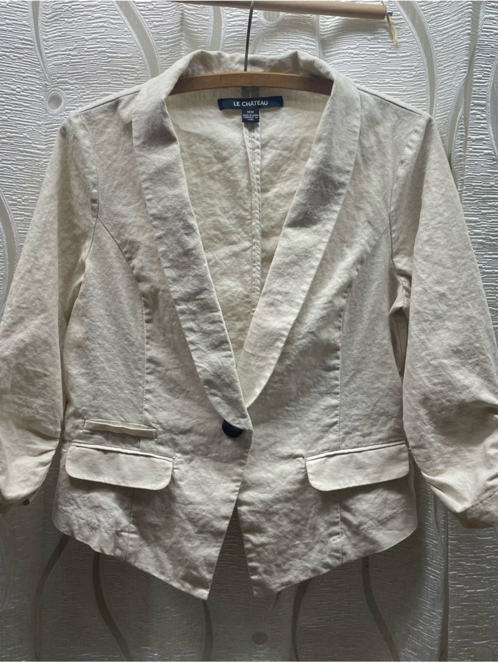 Le Chateau Blazer Womens Medium Cream Excellent Linen Blend Ruched 3/4 Sleeve